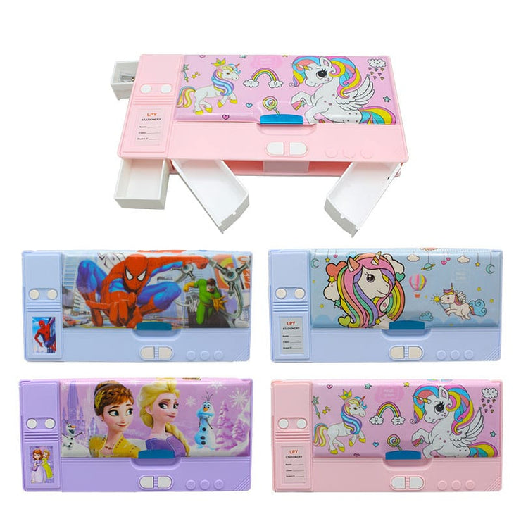 Pop-up kids pencil box with built-in sharpener