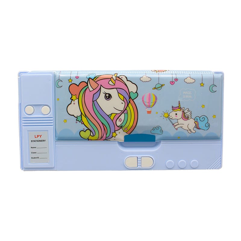 Pop-up kids pencil box with built-in sharpener