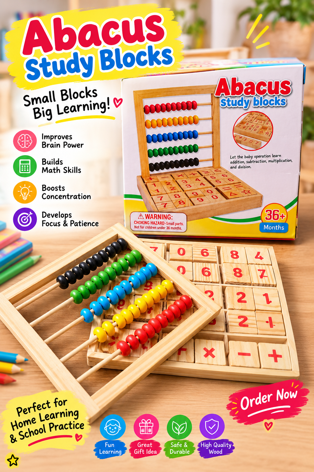 2 in 1 wooden Abacus and Math study blocks set