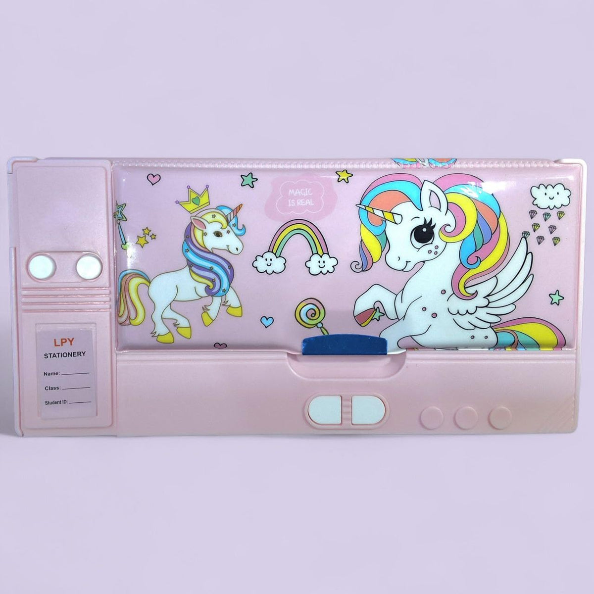 Pop-up kids pencil box with built-in sharpener